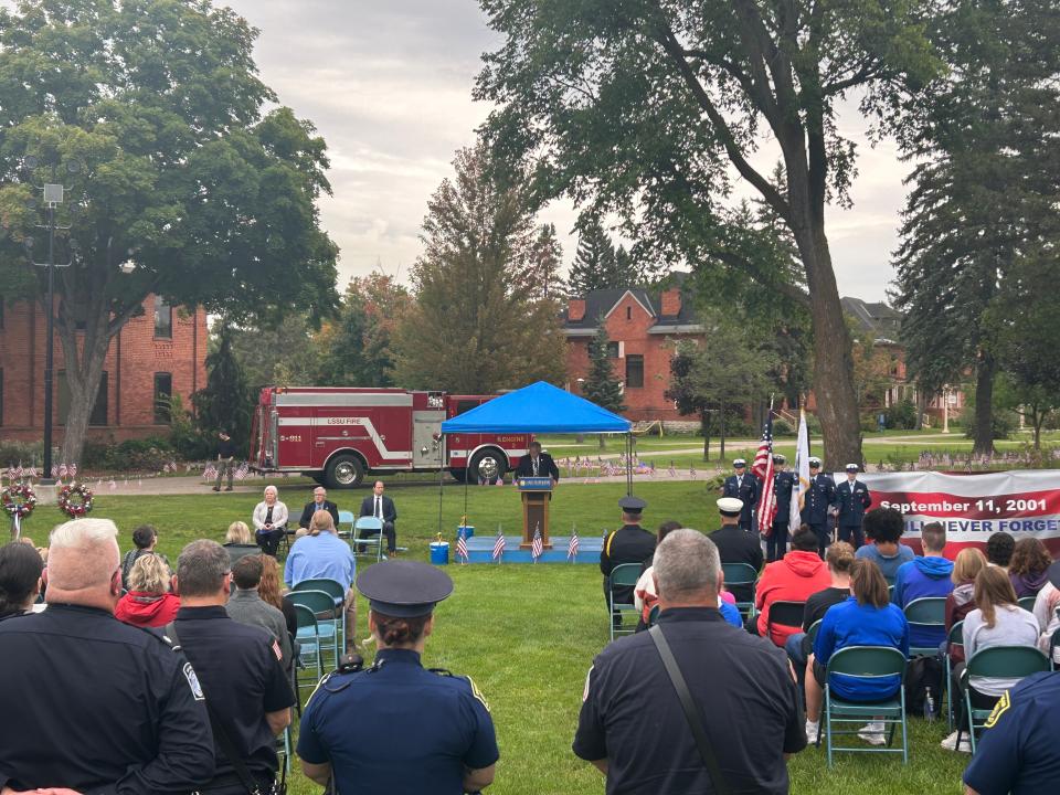 LSSU Interim President Lynn Gillette addresses the crowd at LSSU on Monday during the 22nd anniversary of the Sept. 11 attacks.