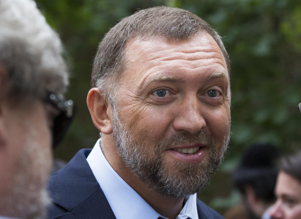 FILE - In this July 2, 2015, file photo, Russian metals magnate Oleg Deripaska attends Independence Day celebrations at Spaso House, the residence of the American Ambassador, in Moscow, Russia. (AP Photo/Alexander Zemlianichenko, File)