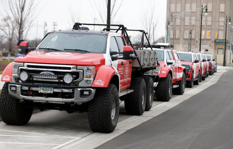 A caravan of Ford trucks parked near the Michigan Central Station on Friday, January 12, 2024. The Transglobal Car Expedition is planning on driving from the North to the South Pole over the next 17 months made a stop in Detroit after coming in from New York State.