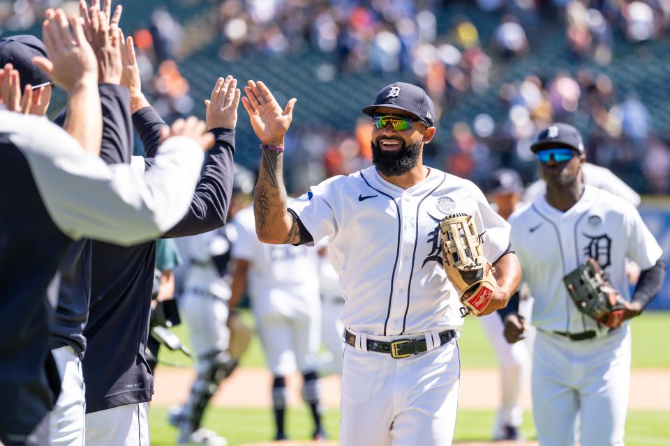 Tigers center fielder Derek Hill celebrates with teammates after the game June 2, 2022 against the Minnesota Twins at Comerica Park.