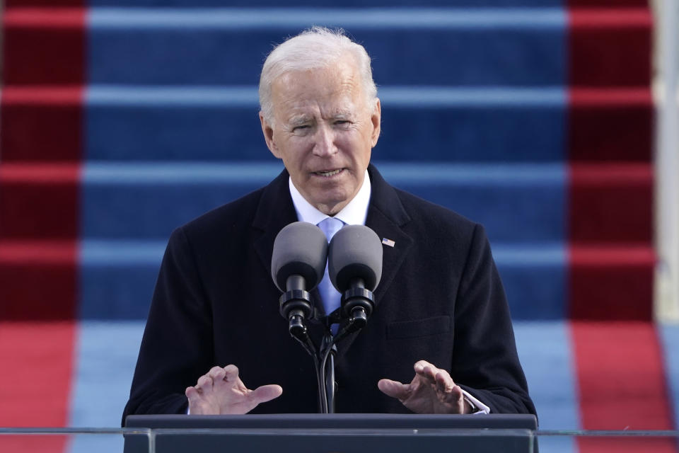 FILE - In this Jan. 20, 2021 file photo, President Joe Biden speaks during the 59th Presidential Inauguration at the U.S. Capitol in Washington. (AP Photo/Patrick Semansky, Pool, File)