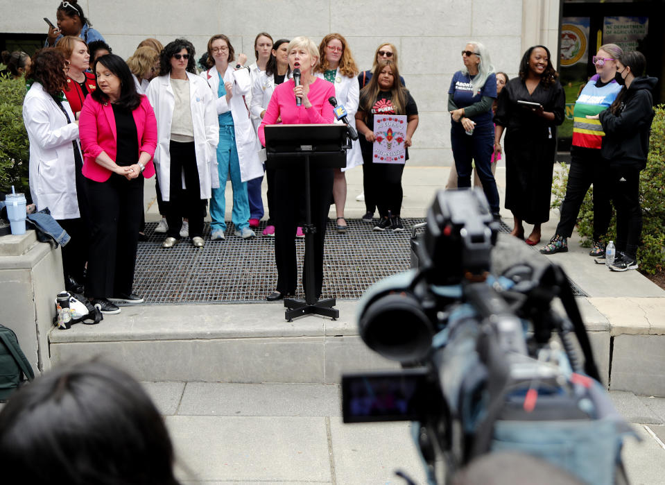 U.S. Rep. Deborah Ross, D-N.C., speaks at a rally at Bicentennial Plaza put on by Planned Parenthood South Atlantic in response to a bill before the North Carolina Legislature, Wednesday, May 3, 2023, in Raleigh, N.C. (AP Photo/Karl B DeBlaker)