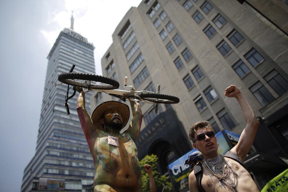 Naked cyclists take part in the World Naked Bike Ride in Mexico City