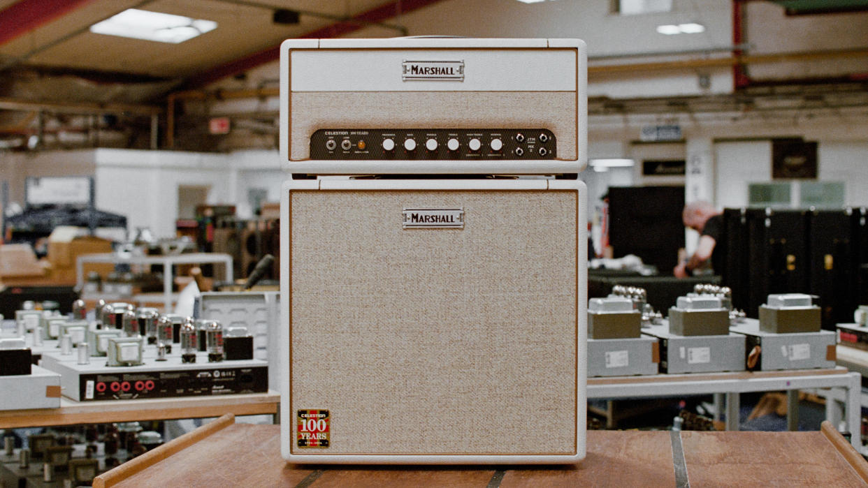  The Marshall x Celestion Studio JTM head and cabinet on a workshop bench at the Marshall factory in Bletchley. 