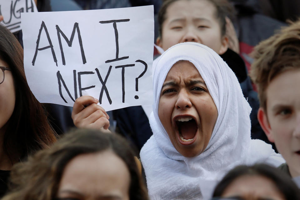 Students participate in a march in support of the National School Walkout in the Queens borough of New York City.&nbsp;