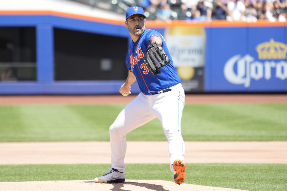 New York Mets pitcher Justin Verlander delivers against the Washington Nationals in the first inning of a baseball game, Sunday, July 30, 2023, in New York. (AP Photo/Mary Altaffer)