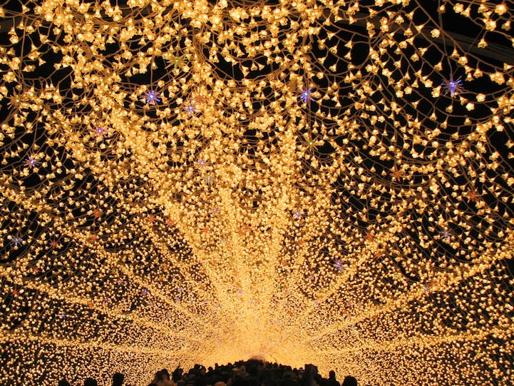 A close-up of one of the tunnel roofs. Note the occasional blue lights mixed in. <a href="http://www.mymodernmet.com/profiles/blogs/nabana-no-sato-tunnel-japan" rel="nofollow noopener" target="_blank" data-ylk="slk:(Jeff and Leizel / My Modern Met);elm:context_link;itc:0;sec:content-canvas" class="link ">(Jeff and Leizel / My Modern Met)</a>