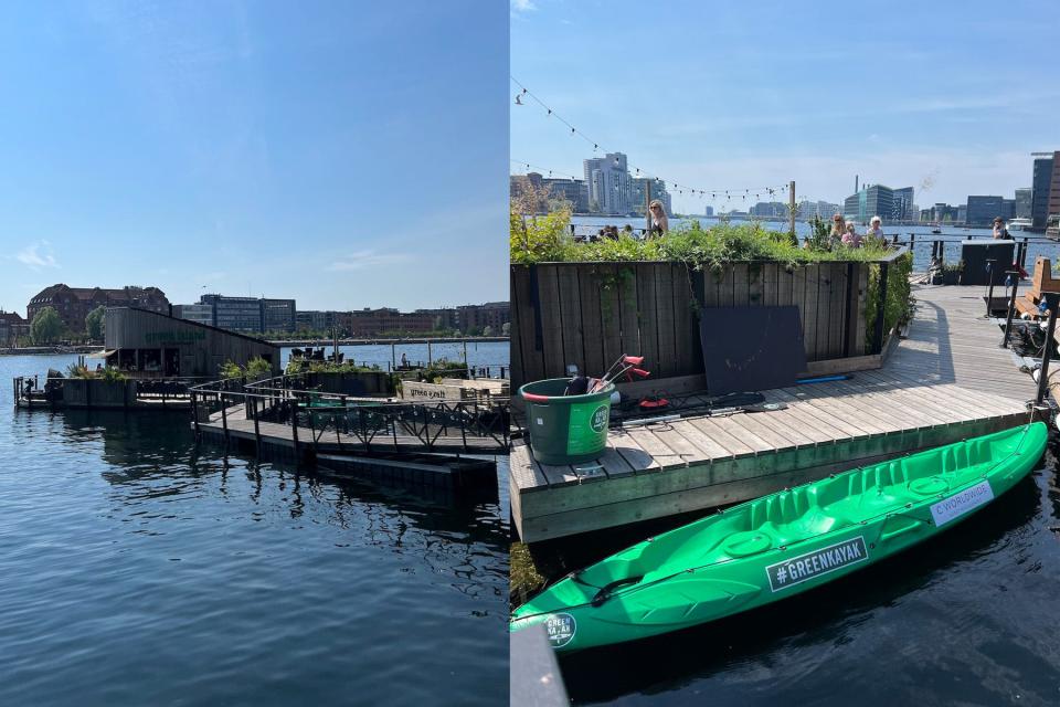 A split image showing Green Island, a floating cafe in Copenhagen Harbor, on the left, and a two-person green kayak docked in the water off the cafe on the right.