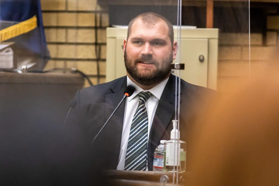 Former University of Oregon football player Doug Brenner testifies during a civil trial in Lane County Circuit Court on Monday, April 25, 2022, in Eugene. Brenner is suing the University of Oregon, former UO football coach Willie Taggart, former UO strength and conditioning coach Irele Oderinde and the NCAA for a total of $125.5 million.