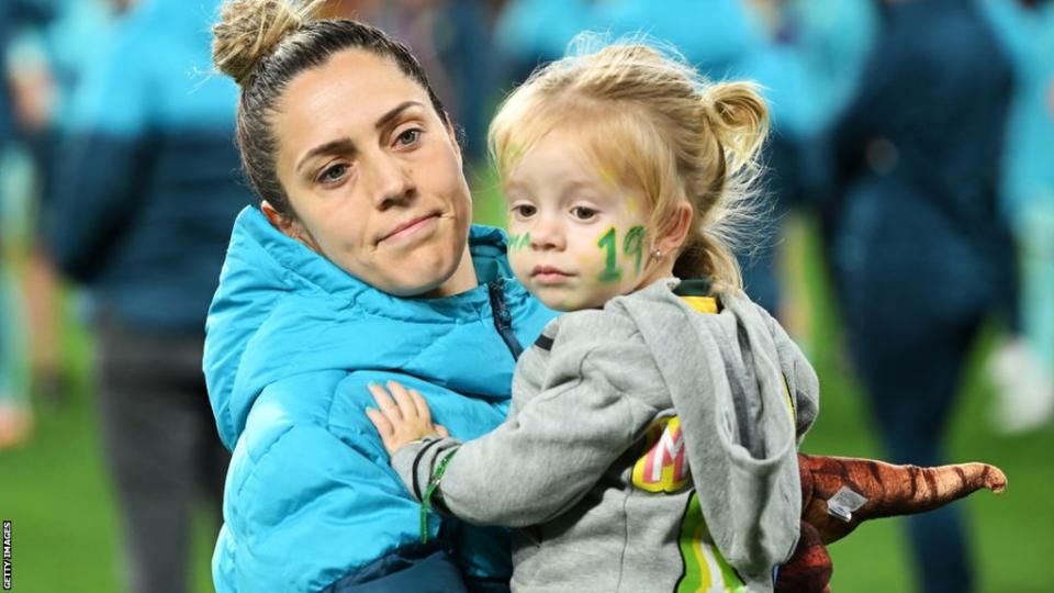 Katrina Gorry and her daughter Harper after Australia were knocked out of the 2023 Women's World Cup