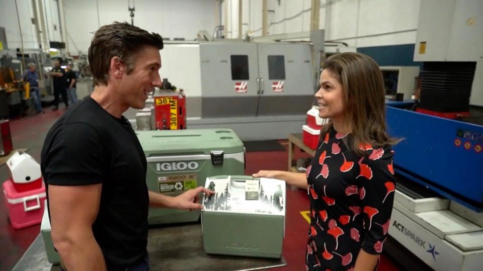 PHOTO: 'World News Tonight' anchor David Muir and Tais Martinez, head of human resources at Igloo Coolers, stand with a cooler from the company's new ECOCOOL® Collection. (ABC News)