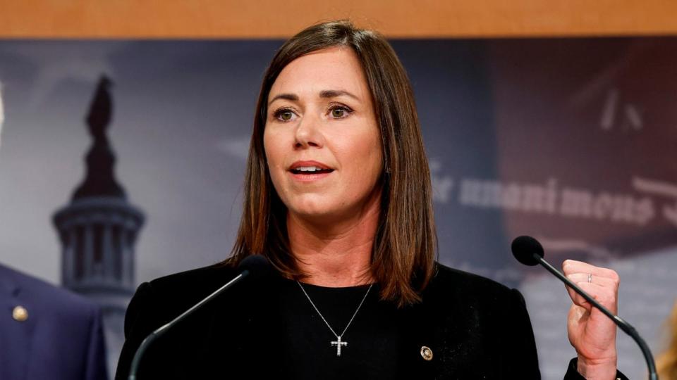 PHOTO: In this Sept. 27, 2023 file photo, Sen. Katie Britt, R-Ala., speaks during a news conference on border security at the U.S. Capitol Building in Washington. (Anna Moneymaker/Getty Images)