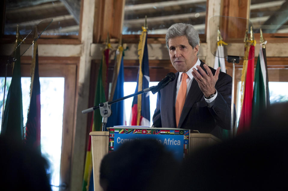 U.S. Secretary of State John Kerry speaks about U.S. policy in Africa at the Gullele Botanic Garden in Addis Ababa, Ethiopia Saturday, May 3, 2014. America's top diplomat said the U.S. is ready to help increase its ties with Africa, but nations across the continent need to take stronger steps to ensure security and democracy for its people. (AP Photo/Saul Loeb, Pool)