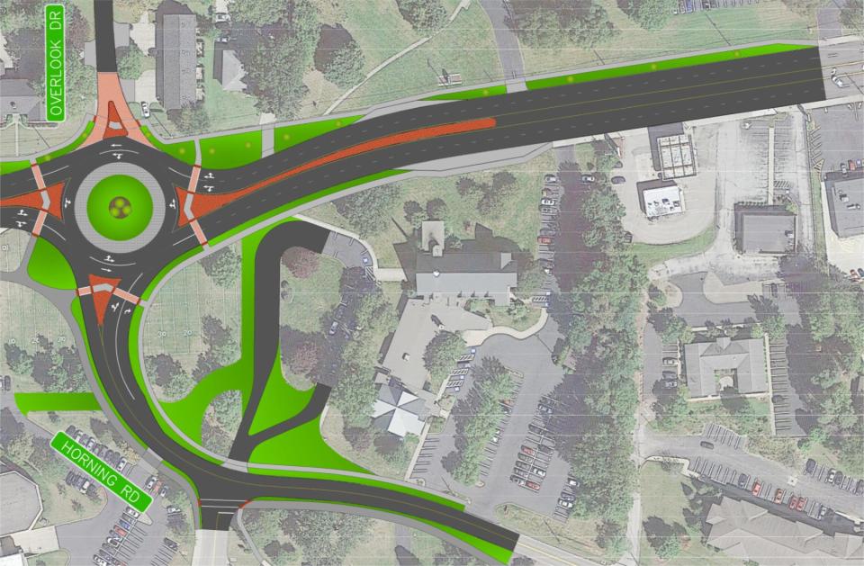 The eastern roundabout would be at the Horning Road intersection with East Main Street.
