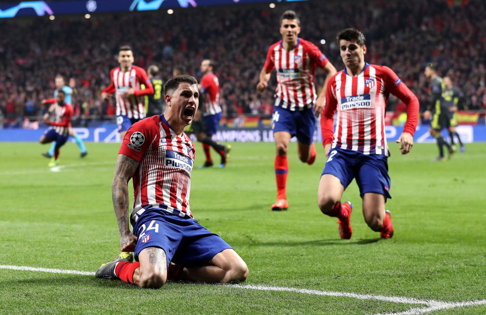 Atletico Madrid’s Jose Gimenez (front left) celebrates after scoring his side’s first goal against Juventus in the Champions League on Wednesday. (Getty)