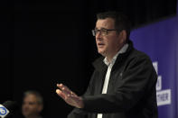 Victorian Premier Daniel Andrews speaks to the media during a press conference in Melbourne, Monday, July 6, 2020. As Australia is emerging from pandemic restrictions, the Victoria state capital Melbourne is buckling down with more extreme and divisive measures that are causing anger and igniting arguments over who is to blame as the disease spreads again at an alarming rate. (AP Photo/Andy Brownbill)