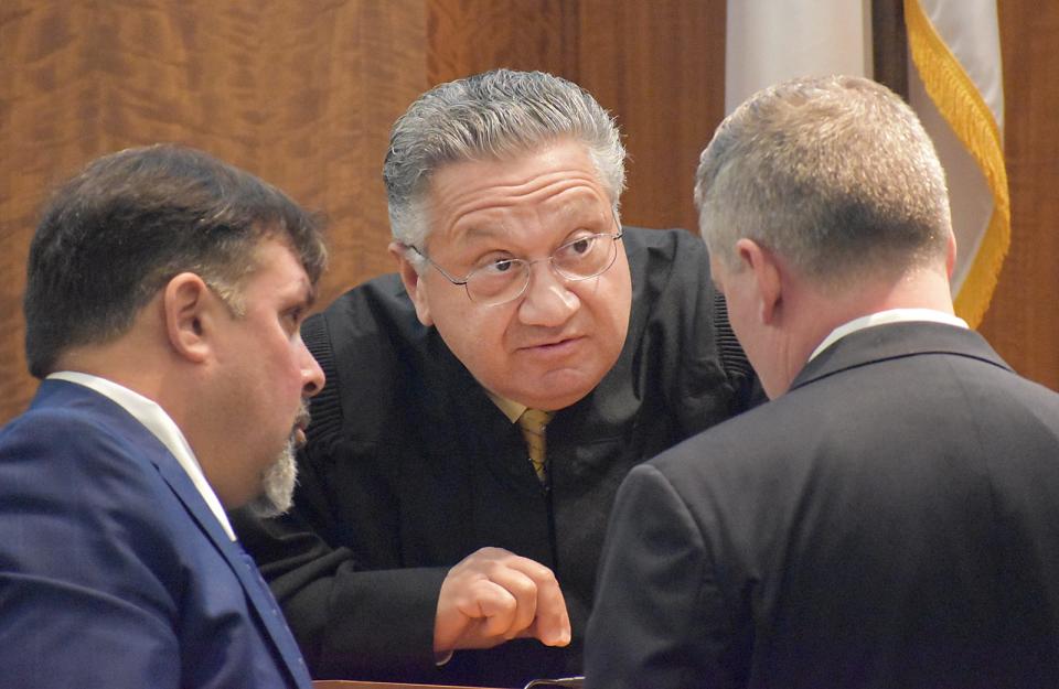 Judge Raffi Yessayan sidebars with attorneys in the Nelson Coelho trial in Fall River on Wednesday, May 1, 2024. Coelho is accused of shooting and killing Lal Kishor Mahaseth during an attempted robbery in 2021.