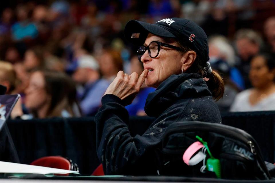 University of South Carolina Associate Coach Lisa Boyer watches Presbyterian and Sacred Heart play in the First Four game at the Colonial Life Arena on Wednesday, Mar. 20, 2024.