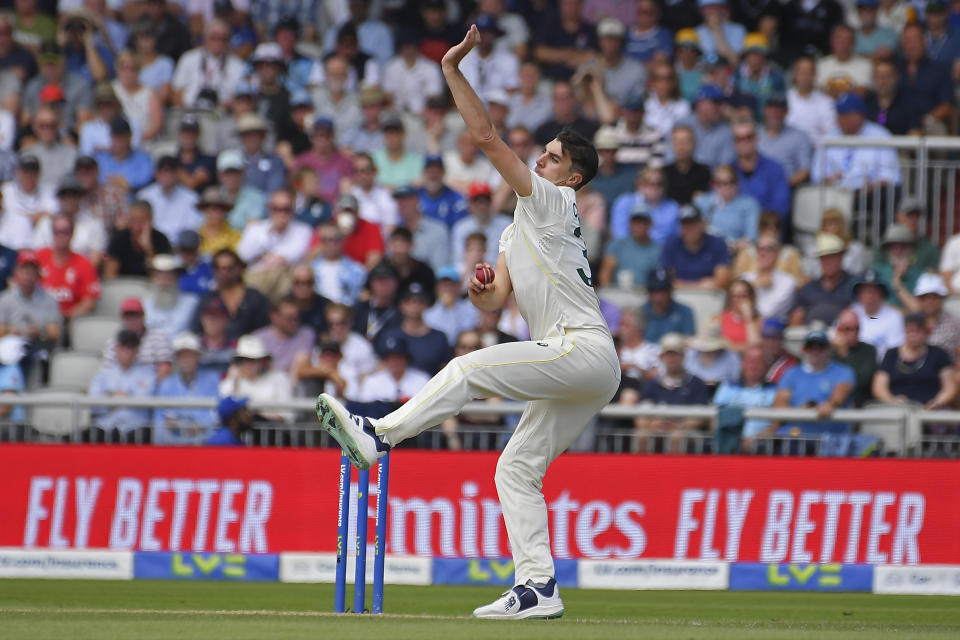 Australia's captain Pat Cummins bowls a delivery during the second day of the fourth Ashes cricket Test match between England and Australia at Old Trafford in Manchester, England, Thursday, July 20, 2023. (AP Photo/Rui Vieira)