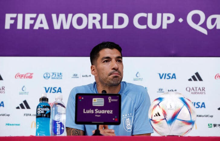 Foto del jueves del delantero de Uruguay Luis Suarez en una rueda de prensa