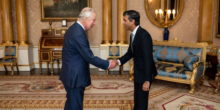 london, england   october 25 king charles iii welcomes rishi sunak during an audience at buckingham palace, where he invited the newly elected leader of the conservative party to become prime minister and form a new government on october 25, 2022 in london, england rishi sunak will take office as the uks 57th prime minister today after he was appointed as conservative leader yesterday he was the only candidate to garner 100 plus votes from conservative mps in the contest for the top job he said his aim was to unite his party and the country photo by aaron chown   wpa poolgetty images