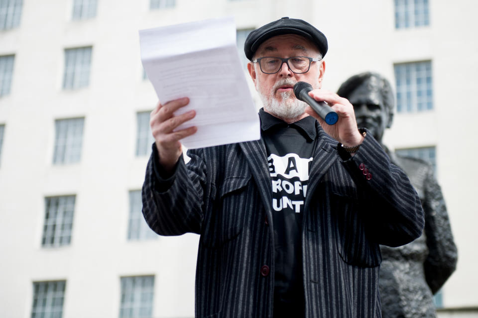 LONDON, ENGLAND - APRIL 13:  British actor Peter Joseph Egan seen talking during the The 5th Global No Market No Trade March against extinction and trophy hunting for Elephants, Rhinos, Lions and other endangered species outside Downing Street on April 13, 2019 in London, England.  (Photo by Ollie Millington/Getty Images)