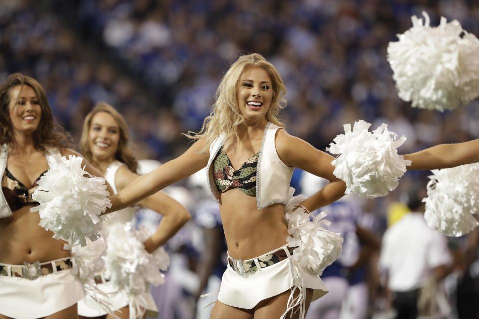 <p>Members of the Indianapolis Colts cheerleaders perform during the first half of an NFL football game between the Tennessee Titans and the Indianapolis Colts in Indianapolis, Sunday, Nov. 20, 2016. (AP Photo/Jeff Roberson) </p>