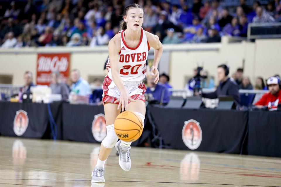 Dover’s Katelyn Harviston scored 21 points Wednesday against Turner in the Class B girls basketball state quarterfinals at State Fair Arena.
