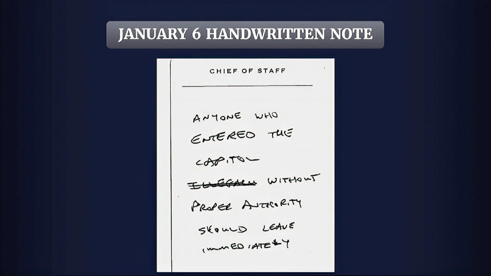FILE - This exhibit from video released by the House Select Committee, shows handwritten note by Cassidy Hutchinson, former aide to Trump White House chief of staff Mark Meadows, displayed at a hearing by the House select committee investigating the Jan. 6 attack on the U.S. Capitol, June 28, 2022, on Capitol Hill in Washington. The Jan. 6 congressional hearings have paused, at least for now, and Washington is taking stock of what was learned about the actions of Donald Trump and associates surrounding the Capitol attack.(House Select Committee via AP, File)