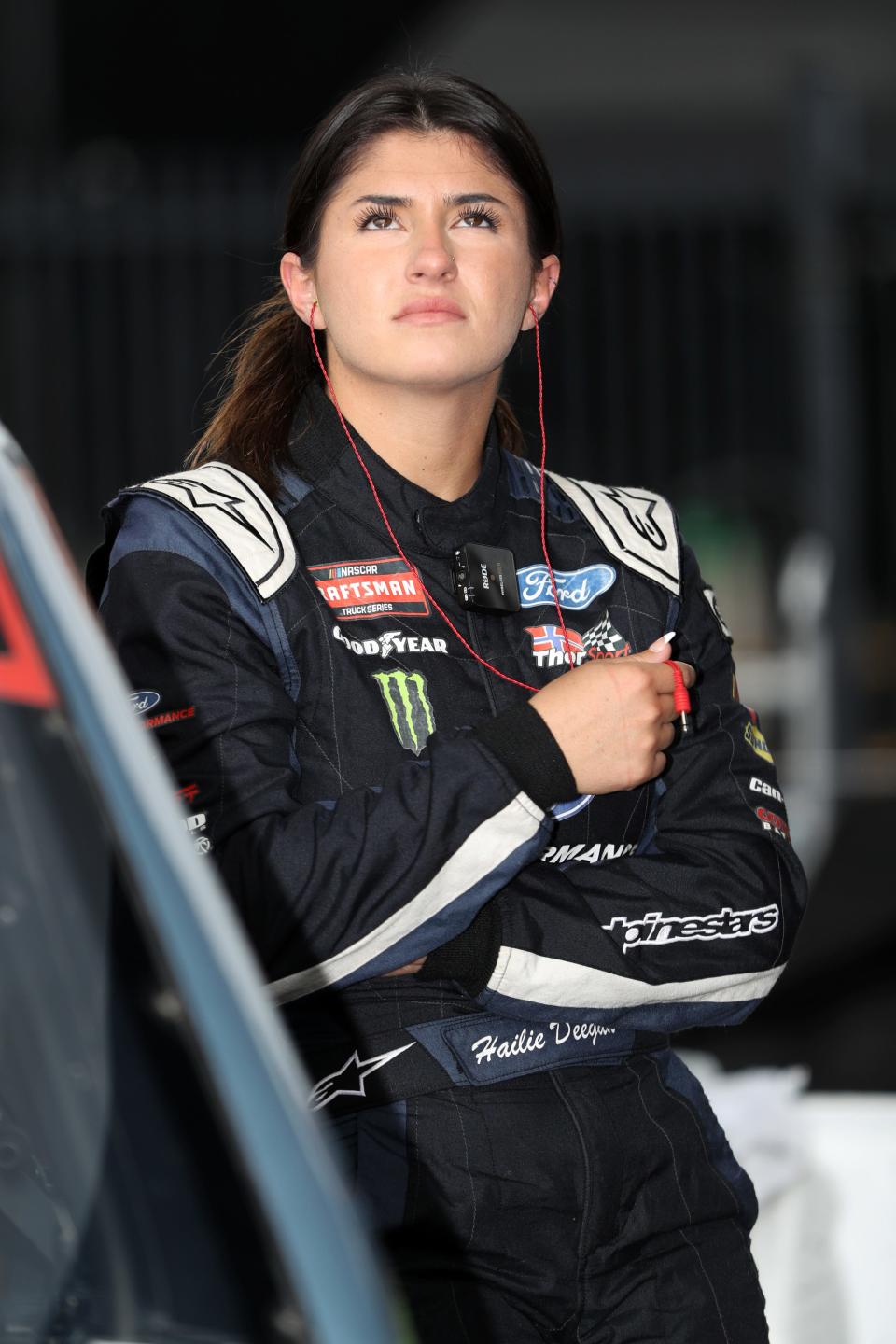 Hailie Deegan looks on during qualifying at Nashville Superspeedway.