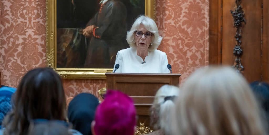 britains queen consort camilla delivers a speech during a reception to raise awareness of violence against women and girls as part of the un 16 days of activism against gender based violence, at buckingham palace in london on november 29, 2022 the guests include survivors of violence against women and girls, their families, politicians and charities working in the area including representatives from safelives, womens aid and refuge photo by kin cheung pool afp photo by kin cheungpoolafp via getty images