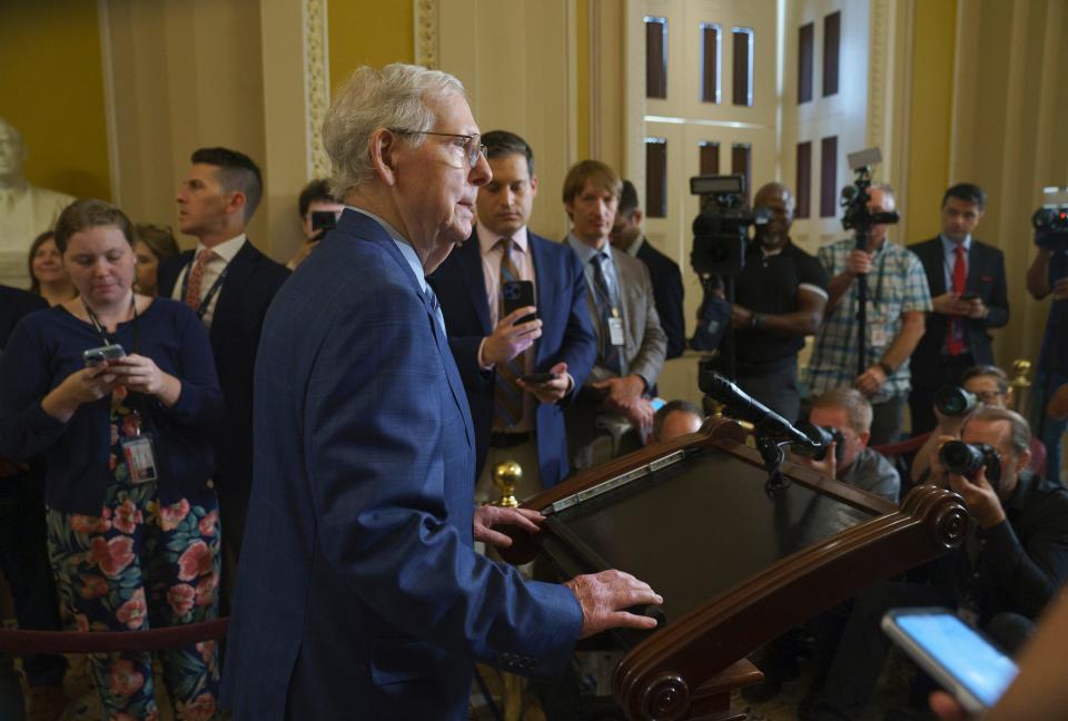 Senate Minority Leader Mitch McConnell (R-Ky) leads a Senate Republican leadership news conference on Sept. 12 in Washington.