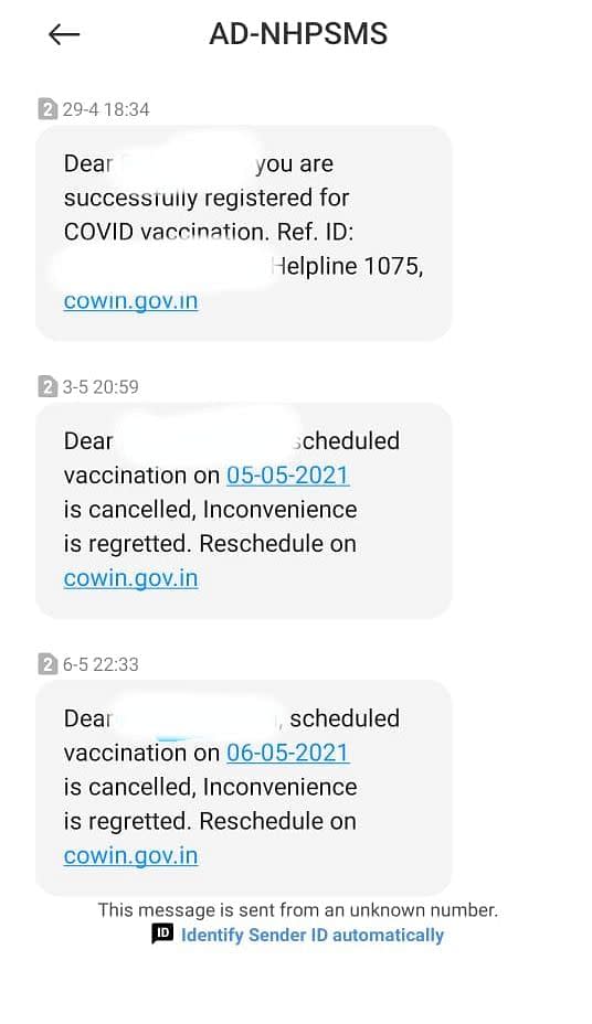 Screenshots of the text messages informing Khan of the cancellation.