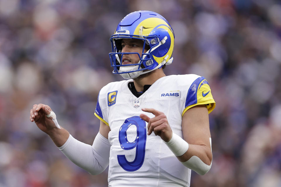 Los Angeles Rams quarterback Matthew Stafford (9) calls out to his teammates during the first half an NFL football game against the New York Giants, Sunday, Dec. 31, 2023, in East Rutherford, N.J. (AP Photo/Adam Hunger)