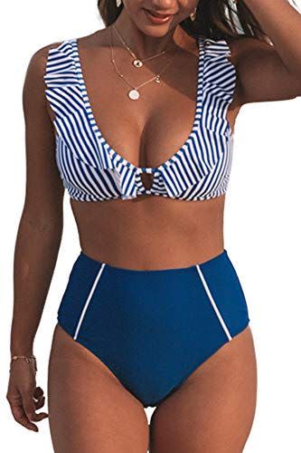 Blue Striped High Waisted Bikini