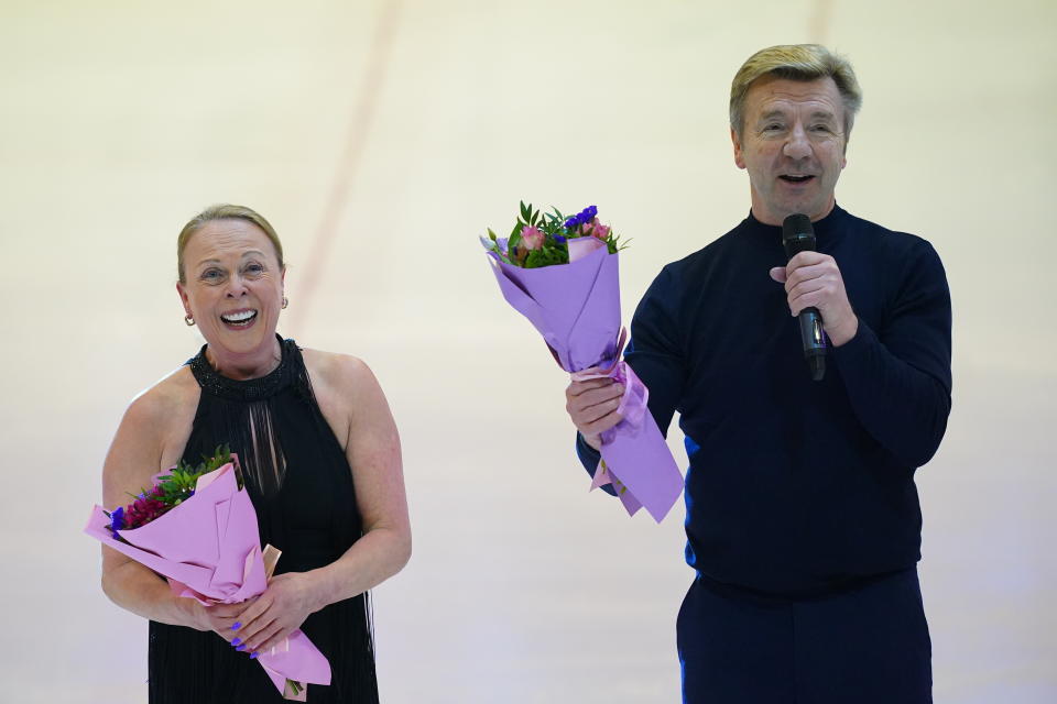 Ice skaters Jayne Torvill and Christopher Dean, after their performance on the ice at the Center Skenderija, Sarajevo as they visit Bosnia and Herzegovina to mark the 40th anniversary of winning gold medals at the 1984 Winter Olympics and have announced their retirement. Picture date: Wednesday February 14, 2024. (Photo by Victoria Jones/PA Images via Getty Images)