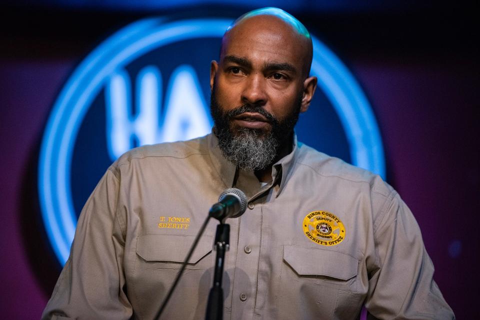 Hinds County Sheriff Tyree Jones speaks during a press conference about the upcoming Hal's St. Paddy's Parade & Festival at Hal & Mal's in Jackson, Miss., on Friday, Mar. 8, 2024. The festival events will take place on Mar. 16, 22 and 23 of this year.