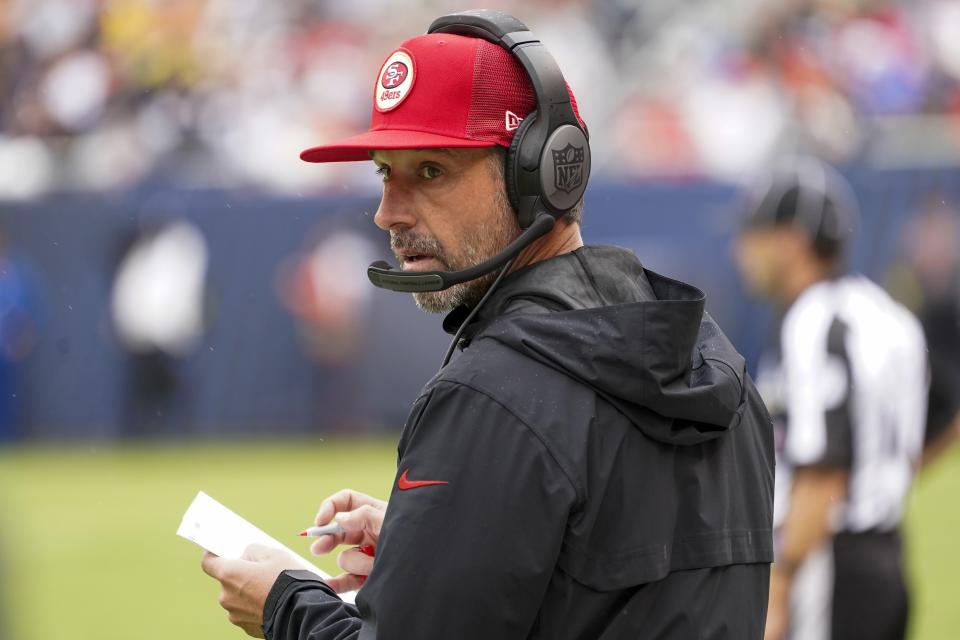 San Francisco 49ers head coach Kyle Shanahan is seen during the first half of an NFL football game Sunday, Sept. 11, 2022, in Chicago. (AP Photo/Charles Rex Arbogast)