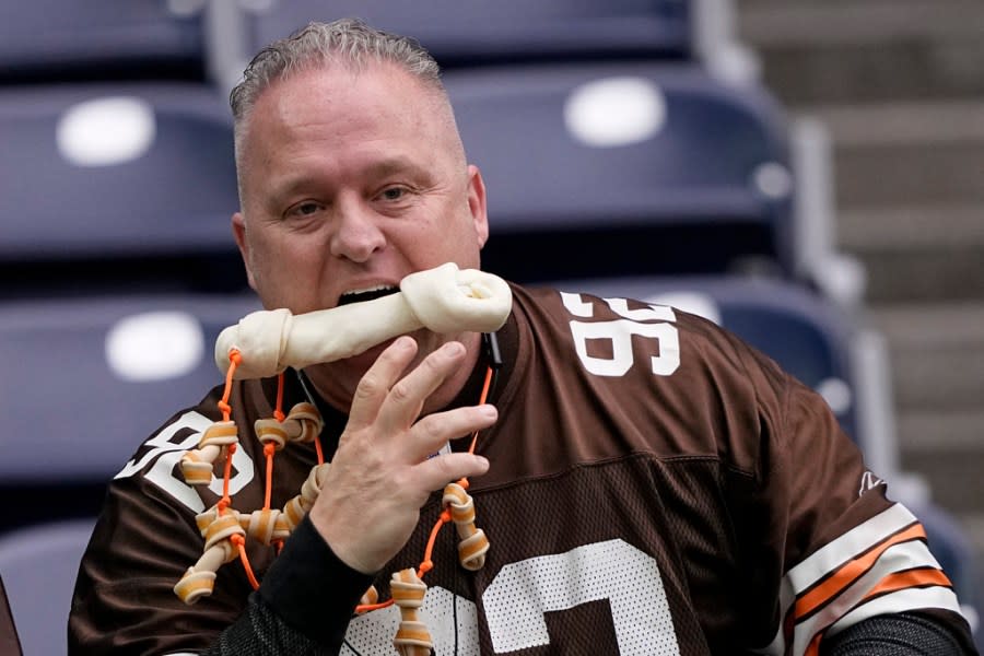 Cleveland Browns fan watches during warm ups before an NFL wild-card playoff football game between the Houston Texans and the Cleveland Browns Saturday, Jan. 13, 2024, in Houston. (AP Photo/David J. Phillip)