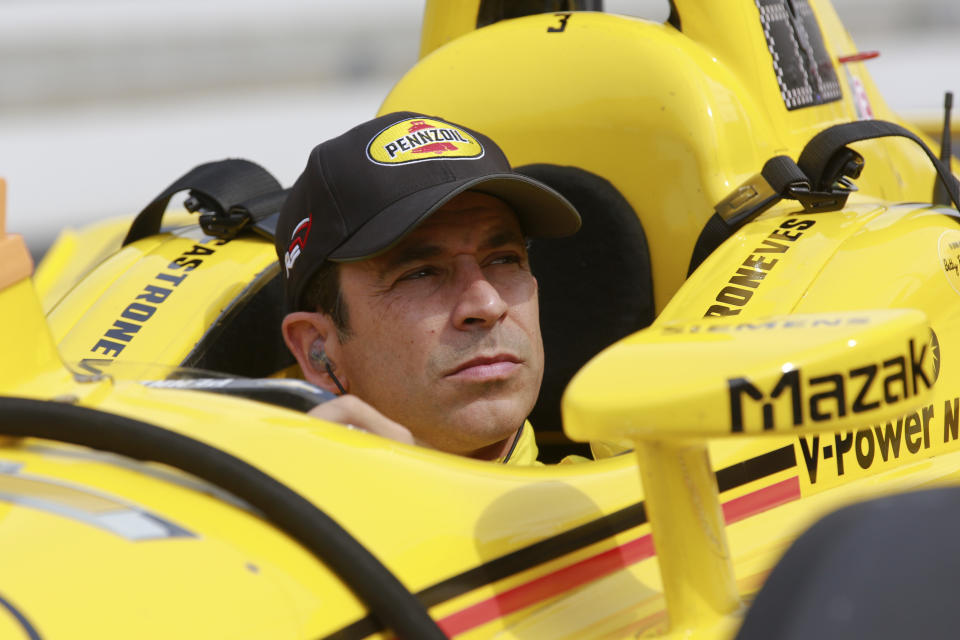 Helio Castroneves, of Brazil, sits in his car before the start of the final practice session for the Indianapolis 500 IndyCar auto race at Indianapolis Motor Speedway, Friday, May 24, 2019, in Indianapolis. (AP Photo/R Brent Smith)