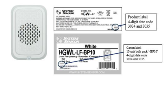 Recalled System Sensor L-Series Low Frequency Fire Alarm Sounder Model HGWL-LF-BP10 (White) showing product label and carton label (Courtesy: U.S. Consuper Product Safety Commision)