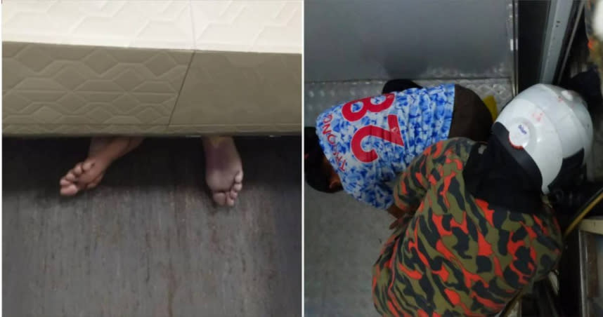 馬來西亞有一名男子在搭電梯時跌倒，雙腿被卡在兩層樓之間長達30分鐘，獲救後並無大礙。（圖／翻攝自MSNEWS）