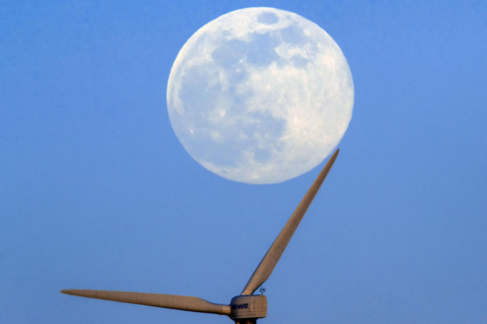 In Mecklenburg-Vorpommern, Brüsewitz, schiebt sich der Mond über ein Windrad - zumindest sieht es so aus. (Foto: Jens Büttner/dpa)