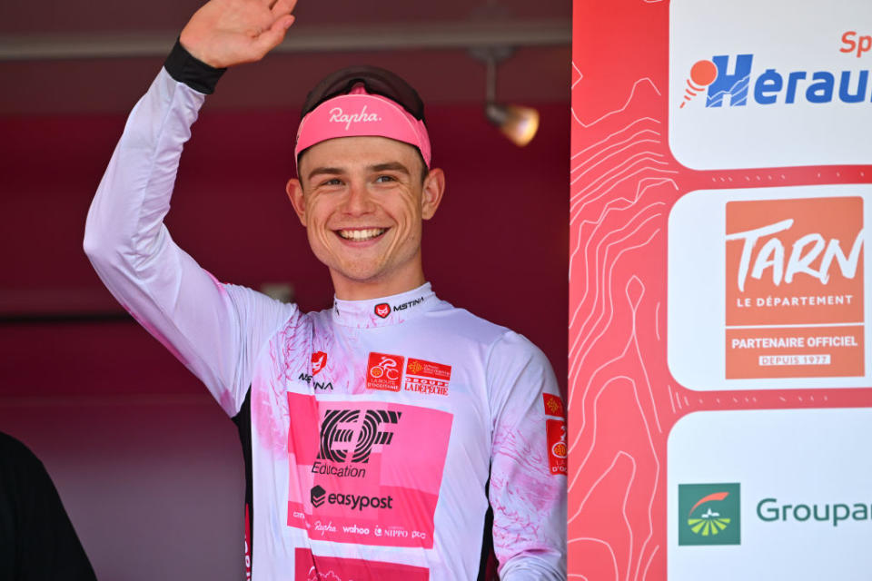 GRUISSAN FRANCE  JUNE 15 Marijn van den Berg of The Netherlands and Team EF EducationEasyPost celebrates at podium as White Best Young Rider winner during the 47th La Route DOccitanieLa Depeche Du Midi 2023 Stage 1 a 1843km stage from Narbonne to Gruissan on June 15 2023 in Gruissan France Photo by Luc ClaessenGetty Images