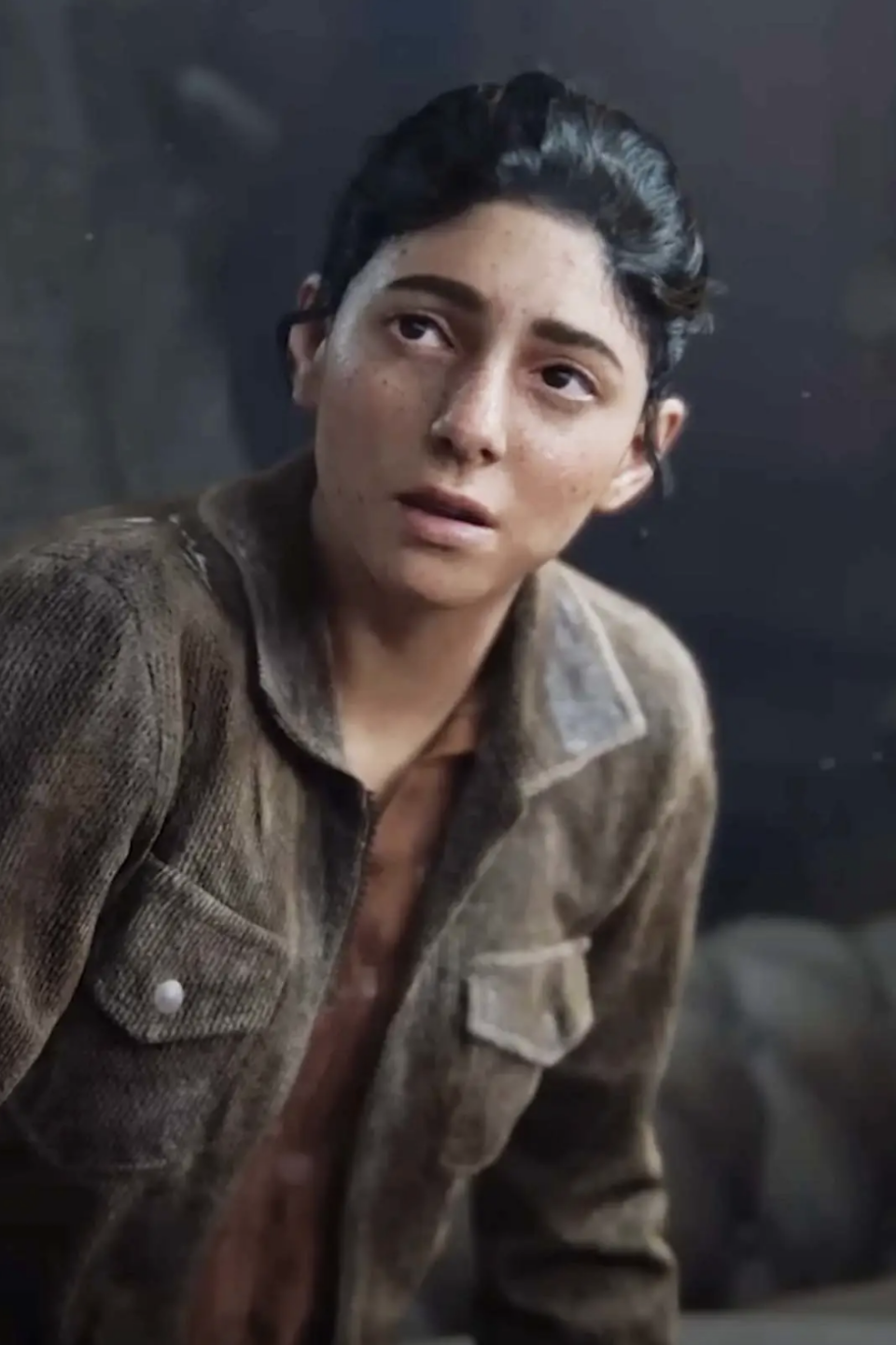Character from The Last of Us video game, in a distressed state, wearing a brown jacket
