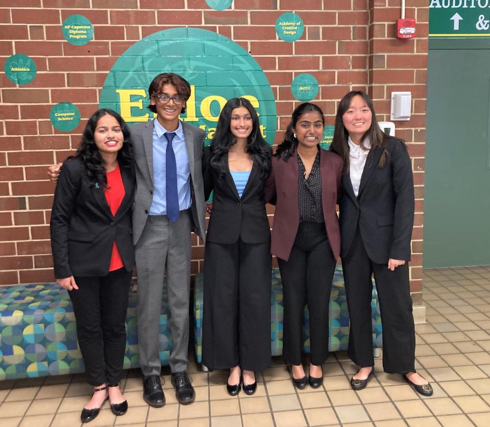 Members of the Sensible team--teen inventors from Raleigh's Enloe High working on a diagnostic menstrual pad--dressed to impress for an interview and practice pitch session. From left: Ishita Bafna, 15; Shailen Fofaria, 15; Anisha Roy, 18; Nandini Kanthi, 18; and Esther Ghim, 16.