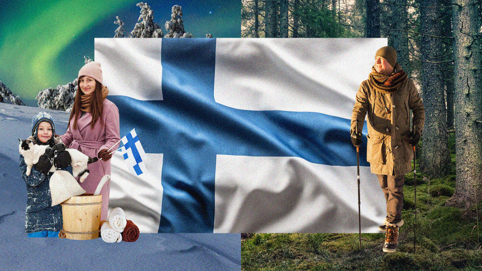 Photo illustration of a few people in cold weather gear, snow-laden trees, mossy woods and Finland's flag.