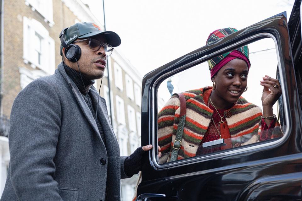 Director Reinaldo Marcus Green and Lashana Lynch (as Rita Marley) set up a scene in the biopic "Bob Marley: One Love."