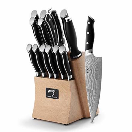 NANFANG BROTHERS 9 Piece Damascus Knife Set With Block, Ergonomic Handle  Chef Knives, Sharpener and Shears for Chopping, Slicing and Cutting