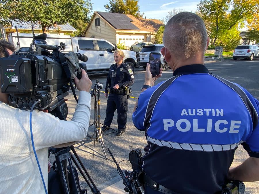 A spokesperson for the Austin Police Department holds a media briefing after a double homicide on Shadywood Drive in south Austin on Dec. 5, 2023. (KXAN Photo/Jordan Belt)